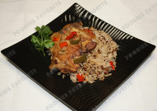 braised chicken thigh with rice and lentils